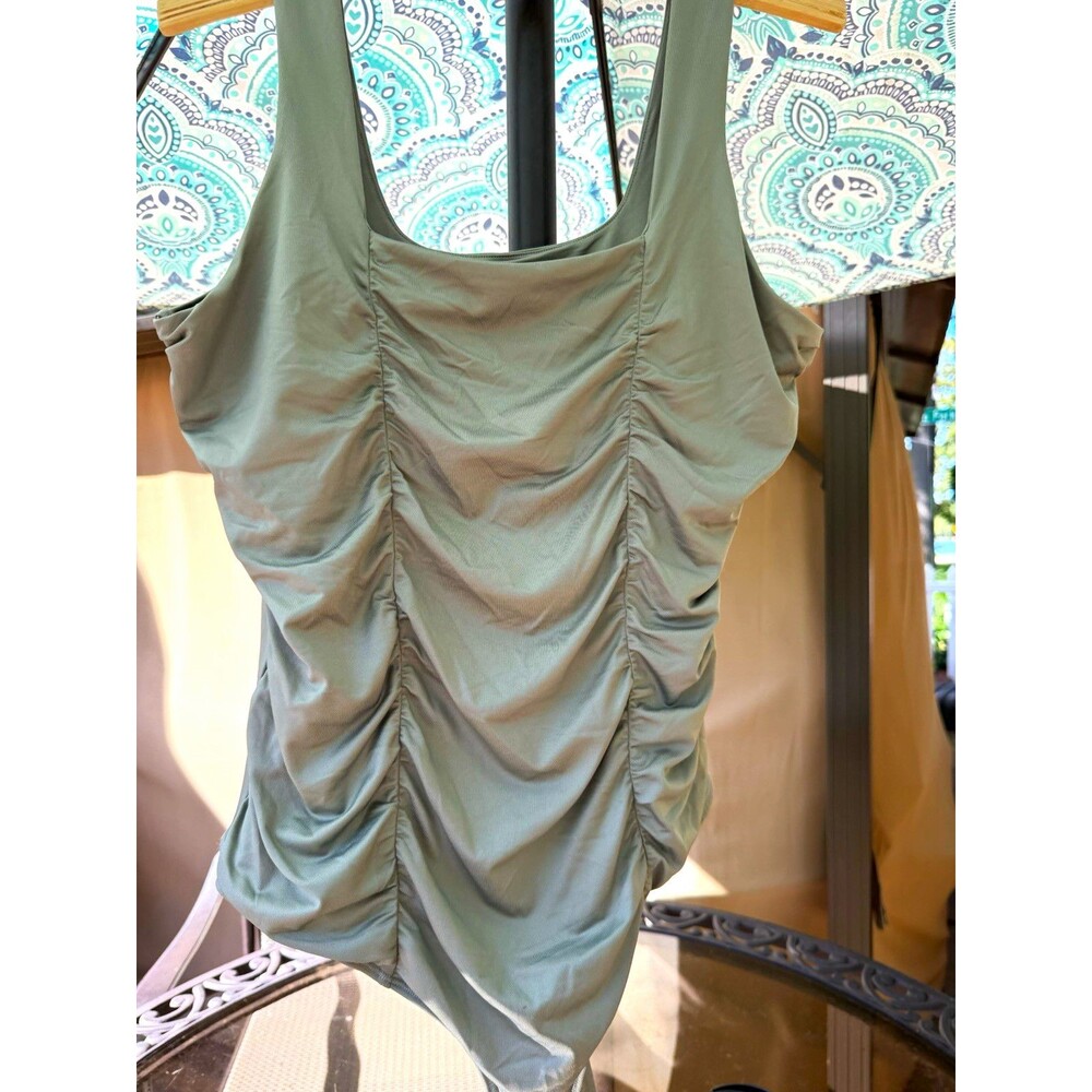 Abercrombie & Fitch Green Ruched Sleeveless Stretch Opaque Bodysuit XL